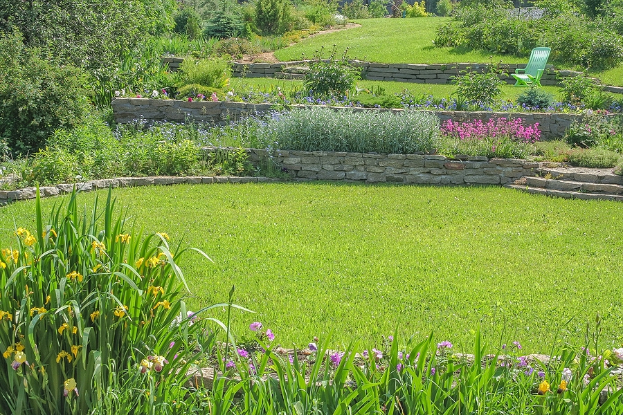 green garden with flowers and brick natural stones